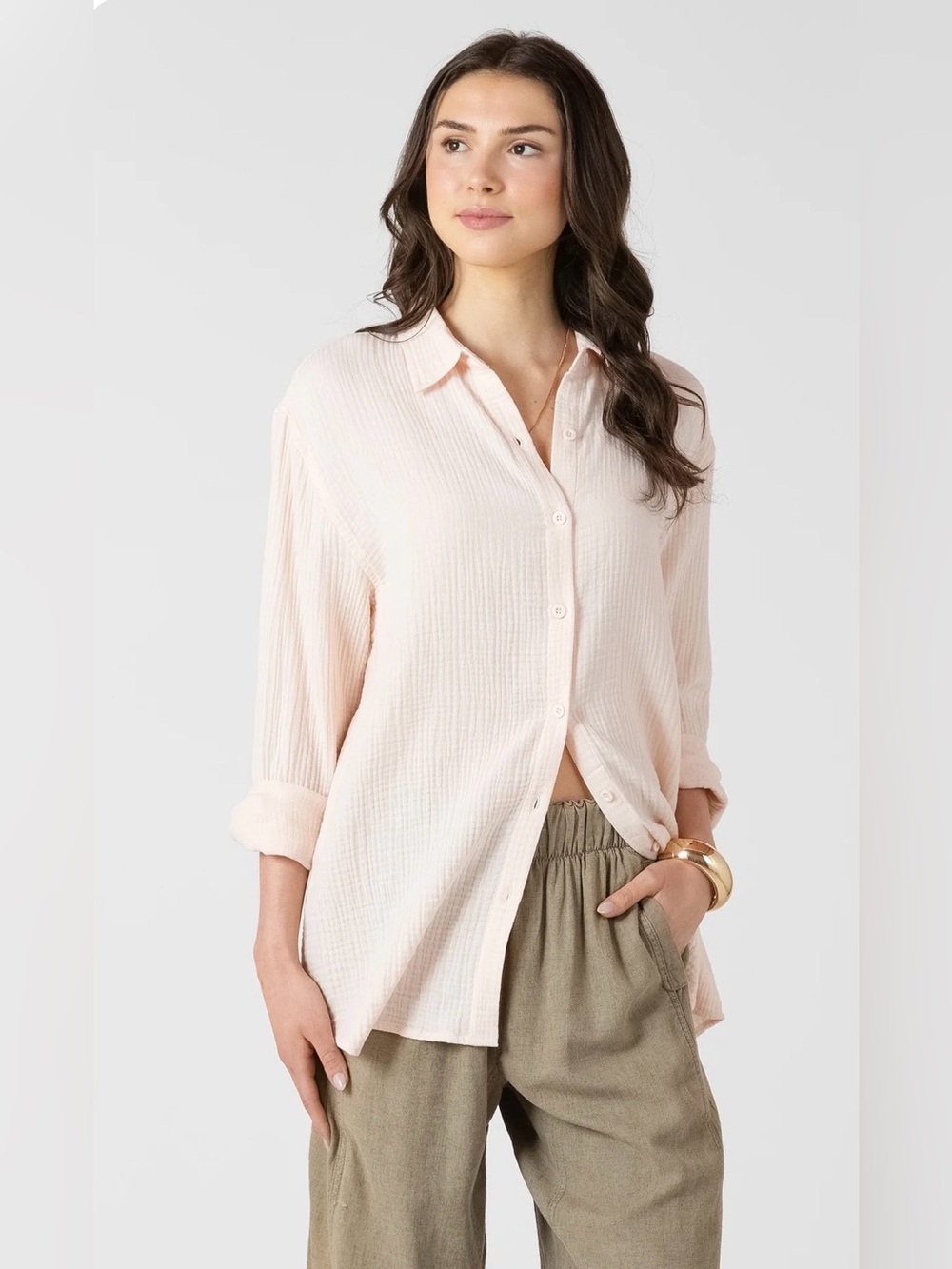 Dex Button-Down Long sleeve Cotton Gauze Shirt White Blouse Relaxed Fit